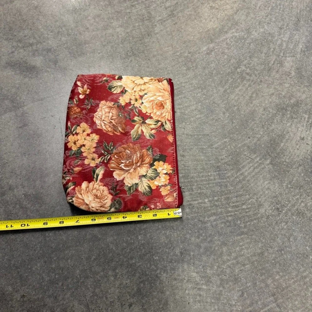 Vintage 70's Floral Zipper Cosmetic Makeup Travel Pouch Burgundy Rose Print Bag
